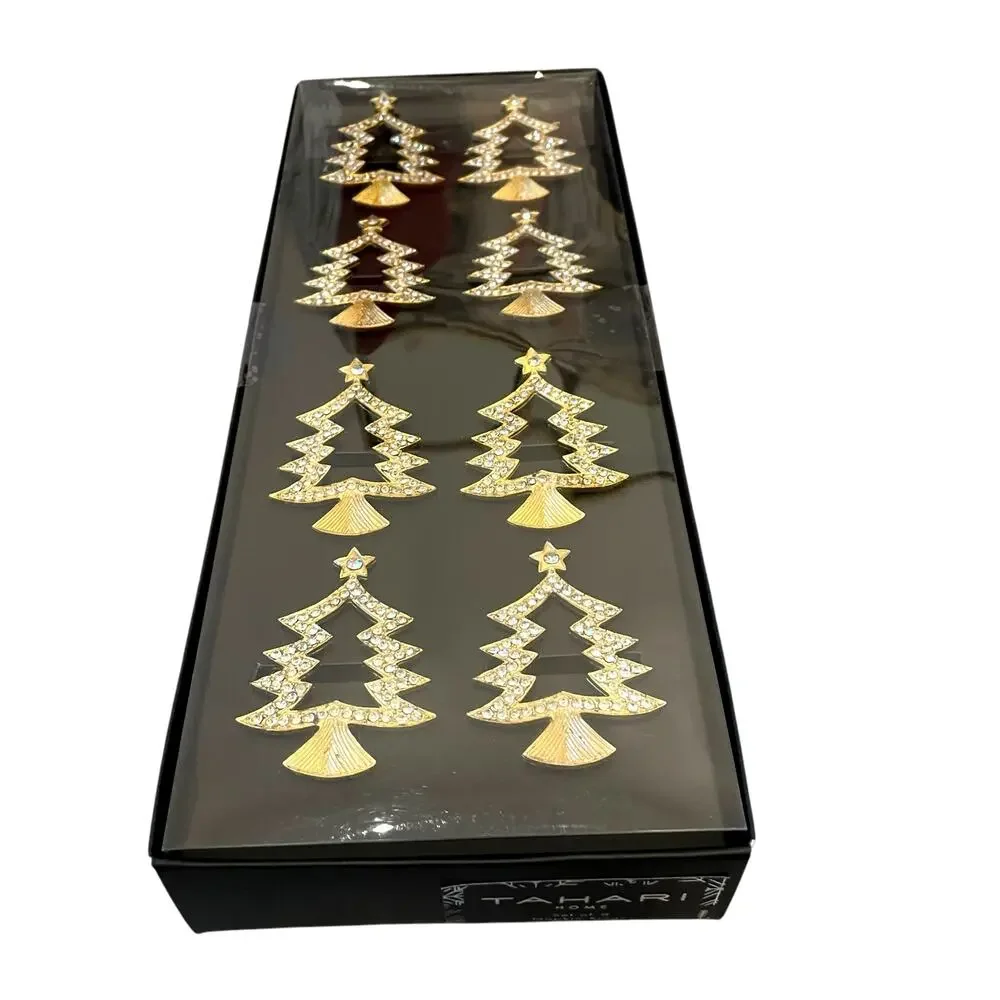 TAHARI Home Gold Rhinestone Christmas Tree Shaped Napkin Rings Set of 8 New - Picture 13 of 15